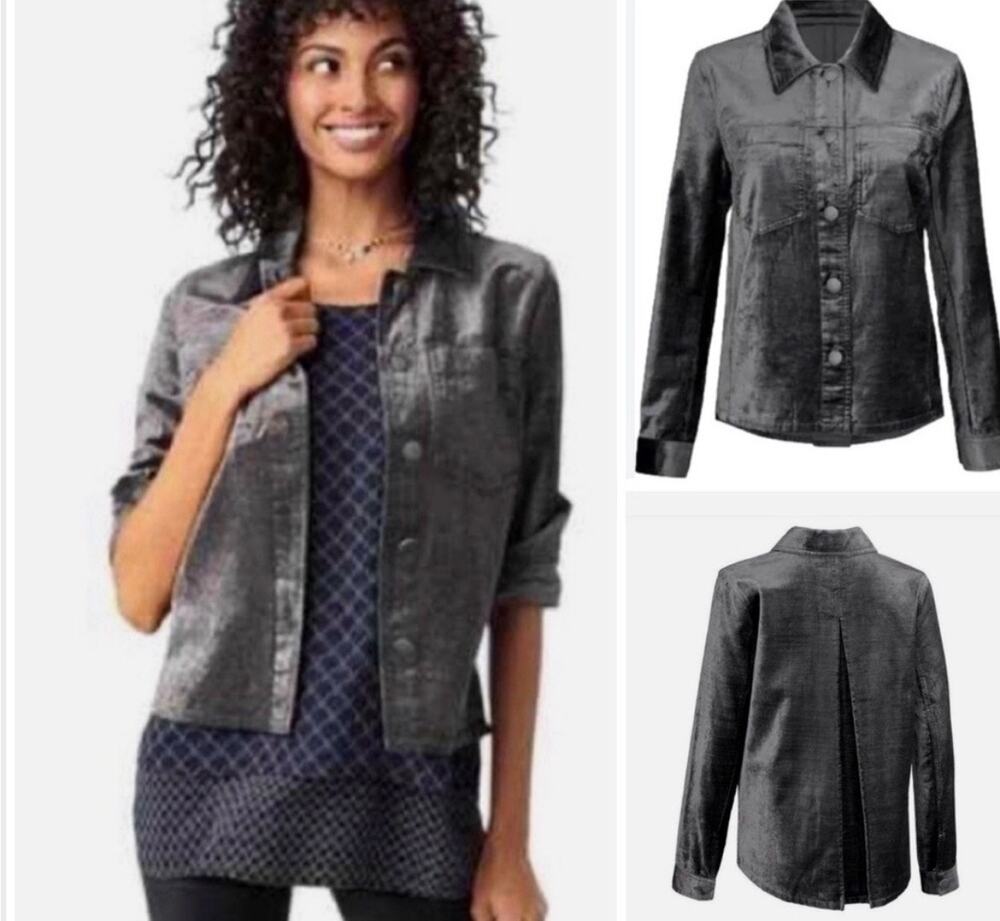 Cabi Black Velvet Tuesday Topper Textured Shacket Button Down Jacket Size Small